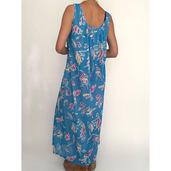 70s vintage blue abstract print sheer long maxi dress resortwear kaftan cover up - Picture 4 of 9